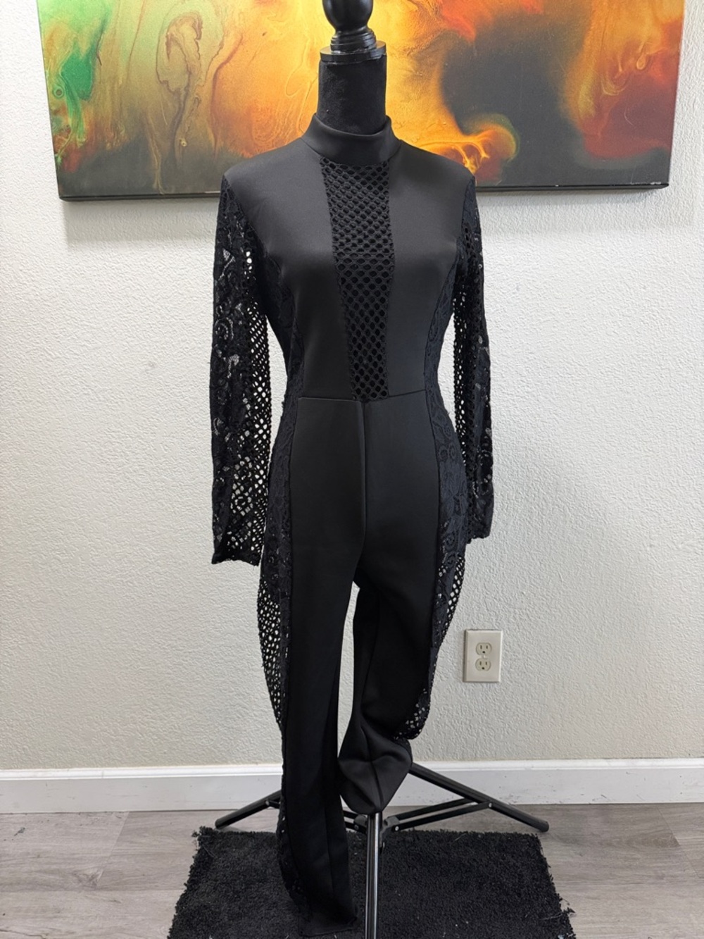 Black Lace-Inset Long Sleeve Jumpsuit